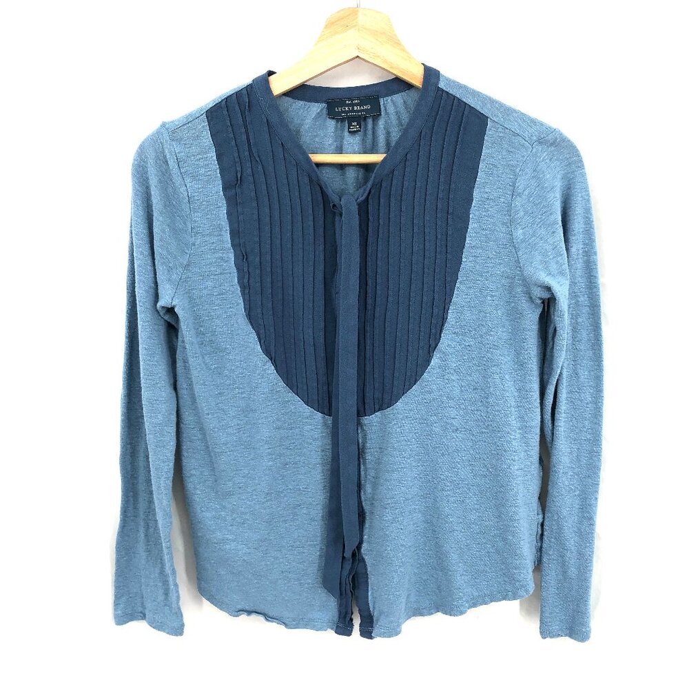 Lucky Brand tie neck shirt boho tuxedo light denim Blue prairie peasant top XS